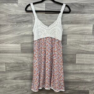 Jessica Simpson A-Line Dress Women's S White Pink Ditsy Floral Crochet Detail‎